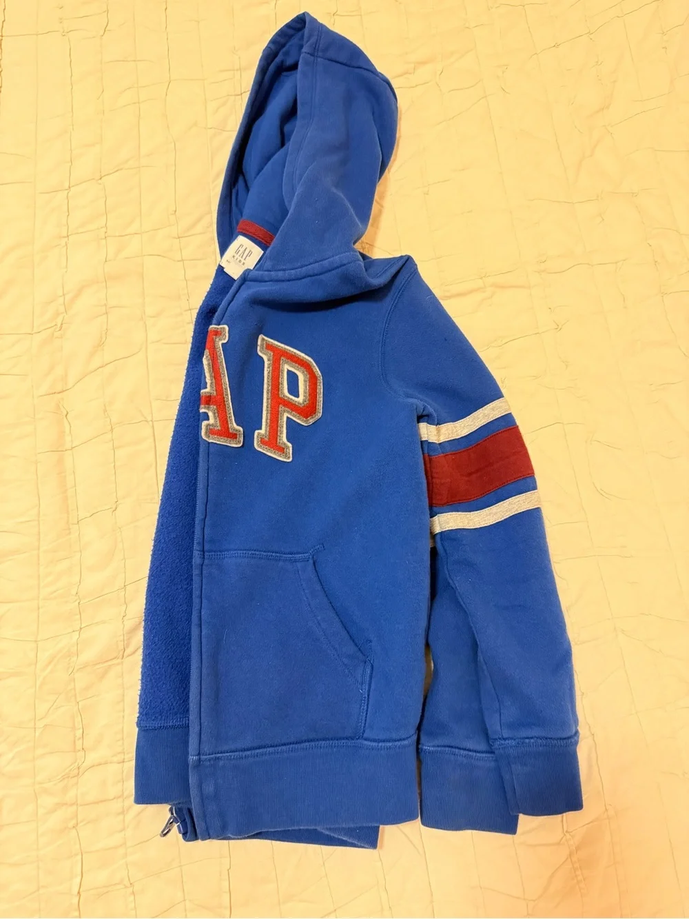 Boys GAP Royal Blue Hooded Zip Sweatshirt with Maroon & Gray Stripes Size 10-11